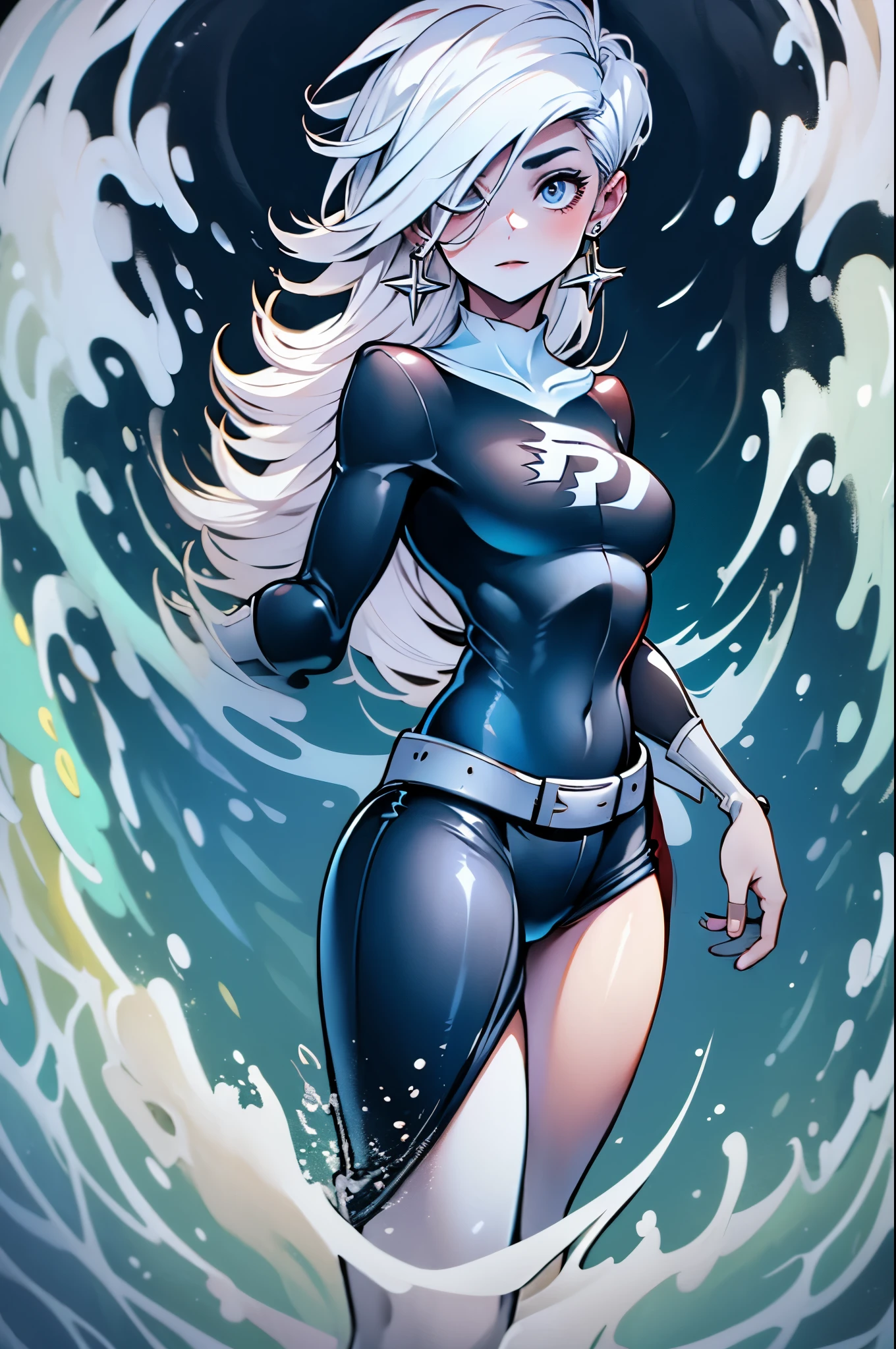 (masterpiece), best quality, expressive eyes, perfect face, highres, 1girl, solo, (female:1.5), danny phantom, white hair, long hair, white gloves, black bodysuit, standing, upper body, looking at the viewer