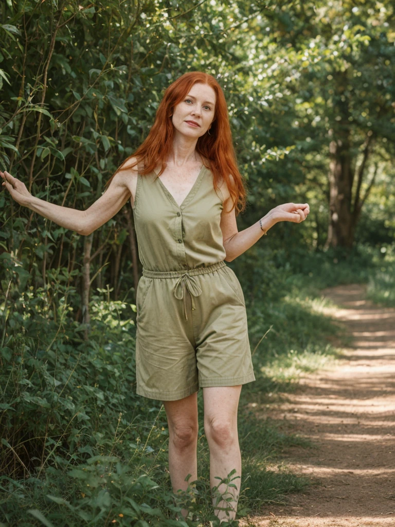 portrait, her name is Mia, high quality, 1 old woman, ((40-year-old guitar-shaped body irish woman)), (((40 years old))), wide hips, (((red hair))), (pale skin), ((green eyes)), she is wearing tan safari romper, dynamic pose, BREAK, BACKGROUND: outdoor: At the conservation education center, interactive exhibits and informative displays educate visitors about endangered species and ongoing conservation efforts. 