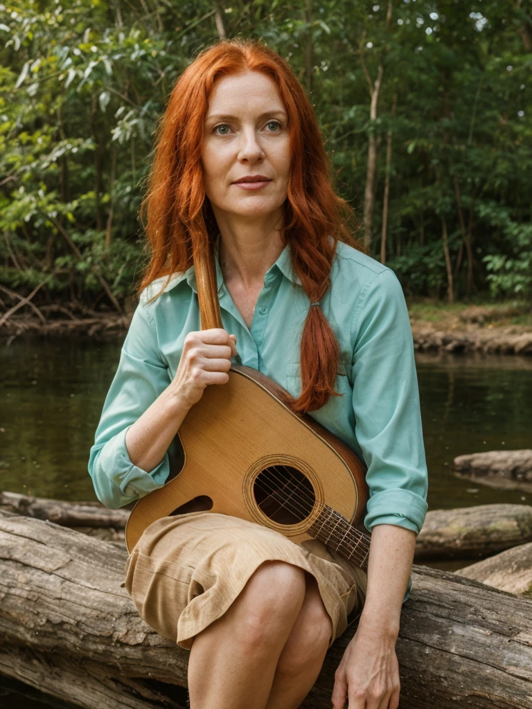 portrait, her name is Mia, high quality, 1 old woman, ((40-year-old guitar-shaped body irish woman)), (((40 years old))), wide hips, (((red hair))), (pale skin), ((green eyes)), she is wearing tan safari romper, dynamic pose, BREAK, BACKGROUND: outdoor: At the conservation education center, interactive exhibits and informative displays educate visitors about endangered species and ongoing conservation efforts. 