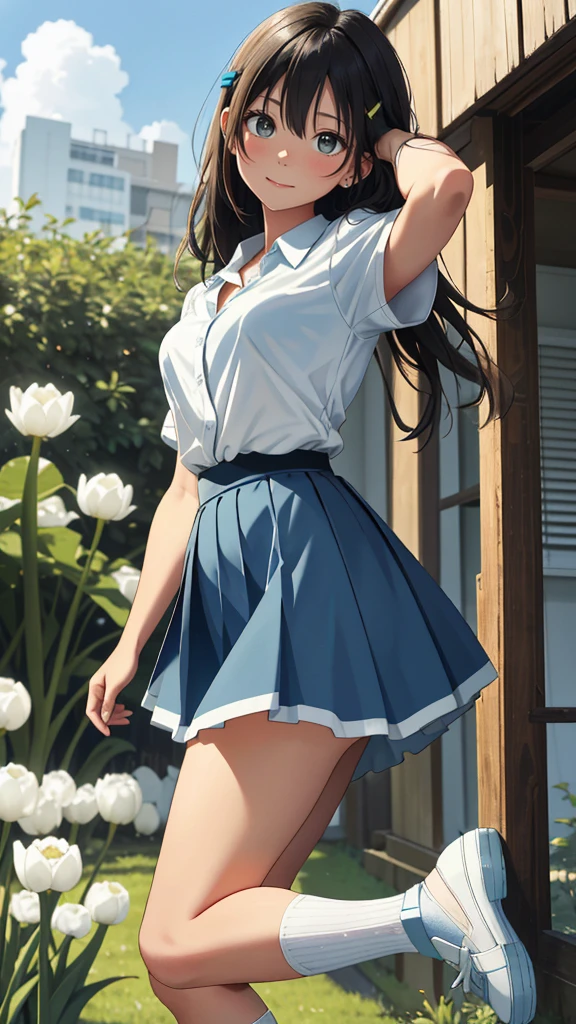masterpiece, best quality, highres, asuna, pretty and cute face, realistic face, face focus, tanned skin, 1girl, small breasts, solo, x_hair_ornament, shining black hair, white green tulip hairclip, medium_hair, hair between the eyes, one side facing left,white button-up shirt , medium and blue skirt, (blue skirt), black belt, plain white underwear, white panties,shoes white footwear, white socks, green_eyes, happy, solo, covered_nipples, sunshine,the skirt rises in the wind