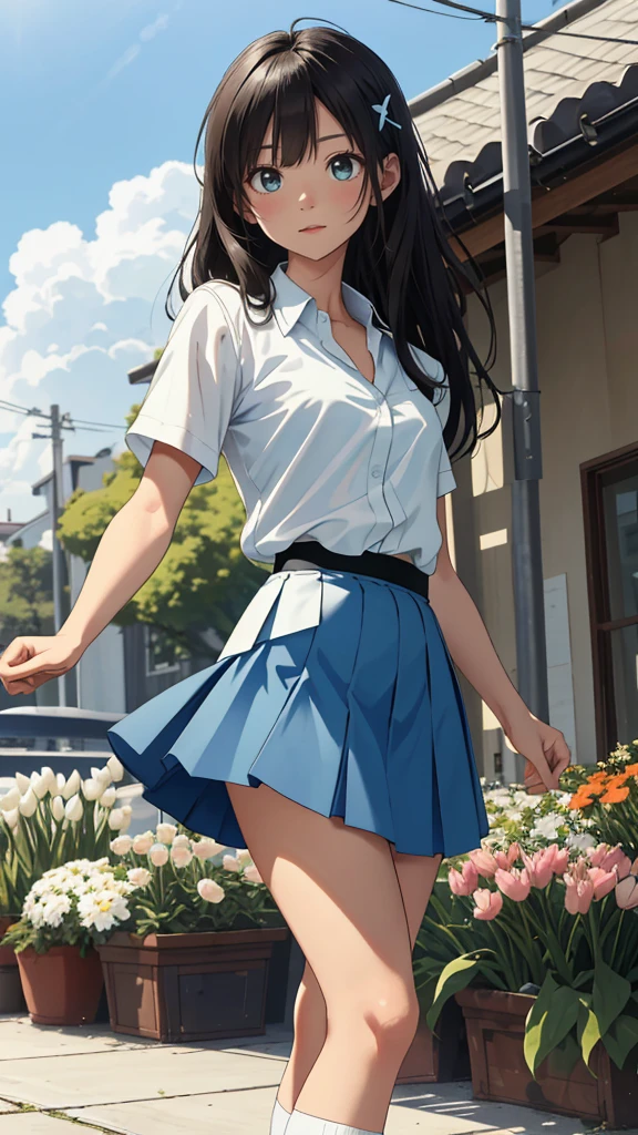 masterpiece, best quality, highres, asuna, pretty and cute face, realistic face, face focus, tanned skin, 1girl, small breasts, solo, x_hair_ornament, shining black hair, white green tulip hairclip, medium_hair, hair between the eyes, one side facing left,white button-up shirt , medium and blue skirt, (blue skirt), black belt, plain white underwear, white panties,shoes white footwear, white socks, green_eyes, happy, solo, covered_nipples, sunshine,the skirt rises in the wind