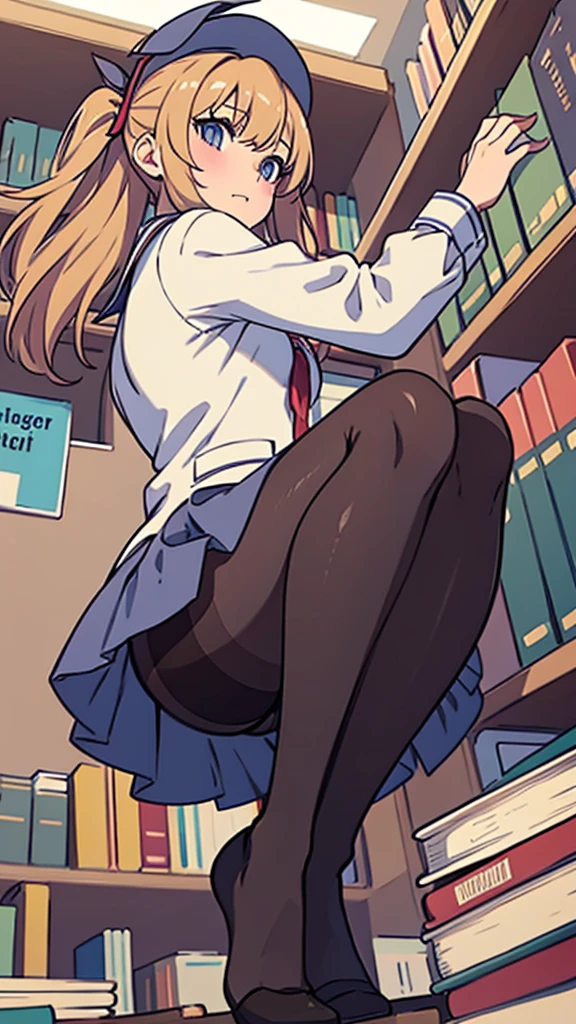 Pantyhose,high school girl,Angle from below,Crouching,library