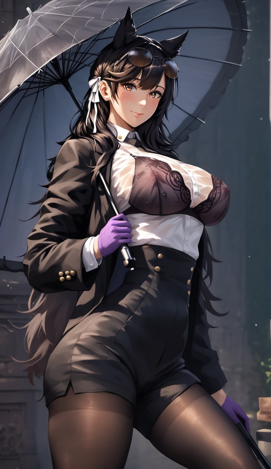 (hero neisan art style:0.7), score_9, score_8_up, score_7_up, score_6_up, uncensored, atago_\(azur_lane\), black hair, kemonomimi, bangs, long hair, brown eyes, mole_under_eye, BREAK (masterpiece:1.2), best quality, high resolution, (beautiful detailed eyes:1.3), perfect lighting, (perfect hands, perfect anatomy), large breasts, sagging breasts, umbrella, holding umbrella, thug shirt, 1girl, high-waist shorts, solo, breasts, round eyewear, eyewear on head, pantyhose, umbrella, shirt, white shirt, large breasts, shorts, black jacket,  sunglasses, looking at viewer, jacket, long sleeves, holding umbrella, thighs, pantyhose under shorts, black shorts, smile, black pantyhose, purple gloves, gloves, transparent umbrella, bra visible through clothes, bra, cowboy shot, spider web print, 