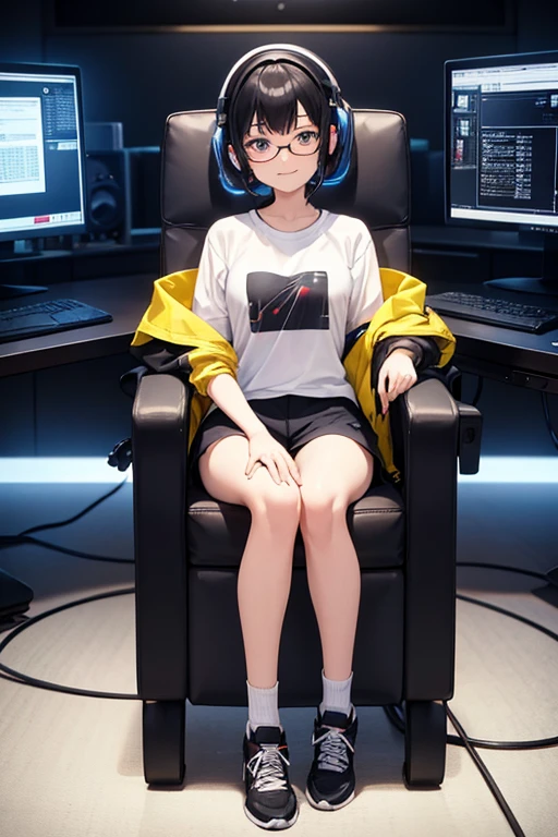 Anime Art、Full body portrait、Future SF Programmer、In a computer room with the lights off、A woman around 19 years old, about 160cm tall, wearing a T-shirt, jacket and shorts, sitting in a chair facing a desktop computer、Glasses、smug face、Hairstyle: Short hair、Black Hair、Dark Eyes、Eyes、Wearing a headset、Trainers and long socks