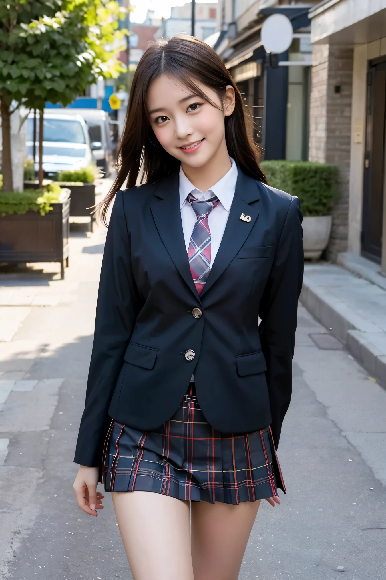 (8K), (highest quality: 1.2), (Realistic), (Realistic: 1.37), Ultra-high resolution, 3 girl, cute, (Embarrassed smile:1.2), (Blushing:1.4),Mouth closed, Beautiful details, Beautiful Nose, black straight Hair, giant dulcefo, pork, Thighs,Navel exposed,University Student Uniform,A simple blazer,Pleated skirt,(The skirt and tie are tartan check pattern.:1.3), (standing on a street:1.2),(Shiny Thighs:1.4), (medium shot :1.2),(low angle:1.3)