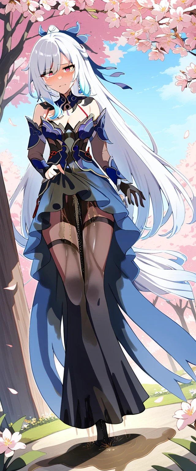 (masterpiece:1.37), best quality, (extremely detailed:1.37), (1girl:1.5), woman, (mature:1.5), (adult:1.5), jingliu, white hair, long hair, ponytail, hair ribbon, red eyes, earrings, jewelry, very long skirt, (extremely tight skirt:1.5), (extremely detailed eyes:1.37), (wetting self:2.0), desperation, standing, embarrassed, humiliation, blushing, angry, cherry blossoms, garden, (golden hour:1.5), full body