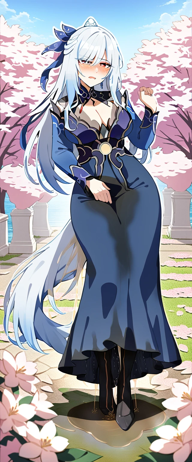 (masterpiece:1.37), best quality, (extremely detailed:1.37), (1girl:1.5), woman, (mature:1.5), (adult:1.5), jingliu, white hair, long hair, ponytail, hair ribbon, red eyes, earrings, jewelry, very long skirt, (extremely tight skirt:1.5), (extremely detailed eyes:1.37), (wetting self:2.0), desperation, standing, embarrassed, humiliation, blushing, angry, cherry blossoms, garden, (golden hour:1.5), full body