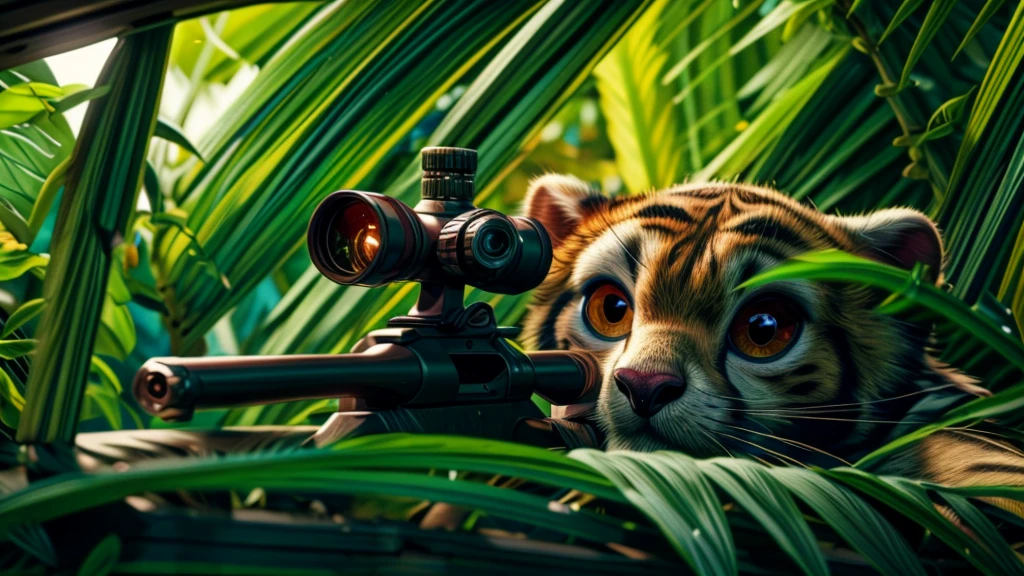 a beautiful sniper in the forest, animal sniper, highly detailed portrait, beautiful detailed eyes, beautiful detailed lips, extremely detailed eyes and face, long eyelashes, high quality, 8k, hyperrealistic, photorealistic, hyper detailed, realistic, masterpiece, intricate details, sharp focus, professional lighting, vivid colors, moody lighting, dramatic chiaroscuro, cinematic framing, atmospheric, breathtaking, fantasy, concept art