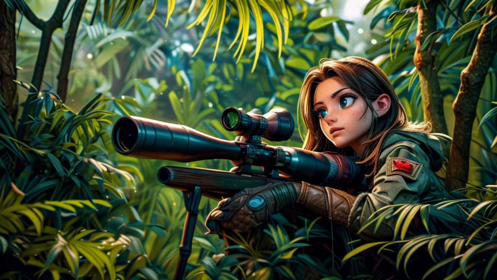 a beautiful sniper in the forest, animal sniper, highly detailed portrait, beautiful detailed eyes, beautiful detailed lips, extremely detailed eyes and face, long eyelashes, high quality, 8k, hyperrealistic, photorealistic, hyper detailed, realistic, masterpiece, intricate details, sharp focus, professional lighting, vivid colors, moody lighting, dramatic chiaroscuro, cinematic framing, atmospheric, breathtaking, fantasy, concept art