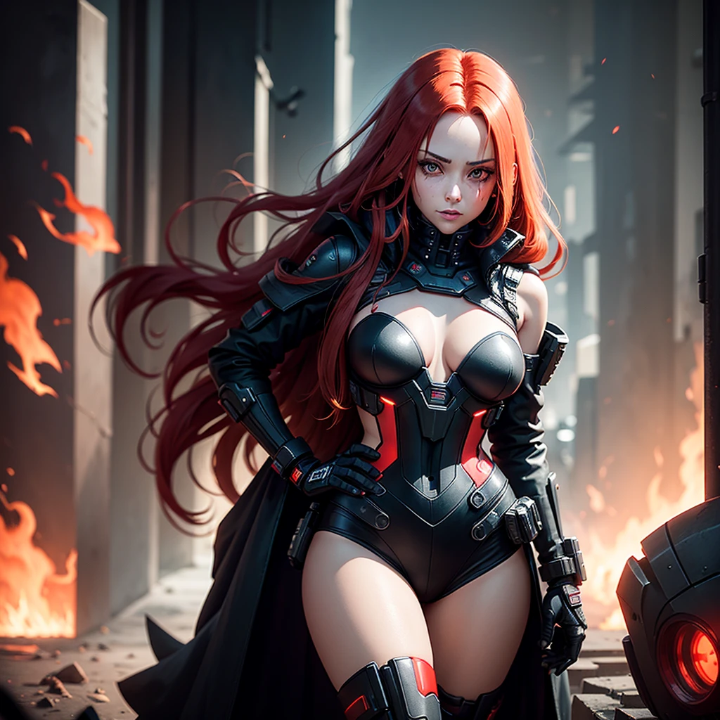 "Fantastic cyberpunk post-apocalyptic style. Beautiful cyborg girl with long red hair, dressed in a black android suit with a cleavage and small red details, stands vertically in front of the camera. Her hands are behind her back. She looks into the lens with a playful, with a slightly flirtatious look and a slight smile. Her thighs are exposed. Dark background with red flashes and lights, creating an atmosphere of slight sadness. The image horizon is flat. Primary colors - black and red."