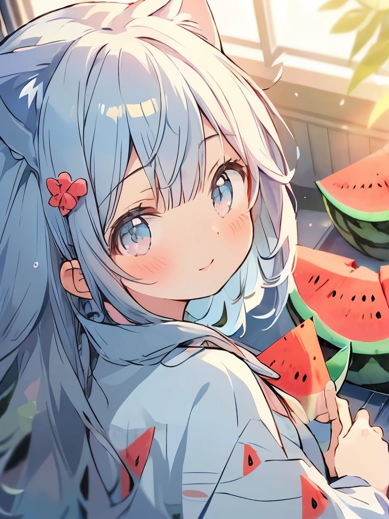 masterpiece、girl、Light blue hair、Long Hair、Sparkling eyes、Cat ear、smile、Light blue yukata、bright、(((Having a watermelon)))、((Composition from above))