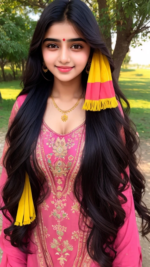 beautiful cute young attractive Pakistani teenage girl, village girl, 18 years old, cute, Instagram model, long black_hair, colorful hair, indian, huge big breasts, little smiling, smooth face very realistic