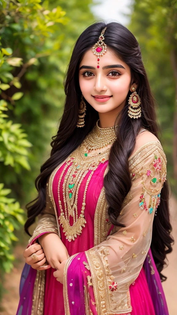 beautiful cute young attractive Pakistani age girl, village girl, 18 years old, cute, Instagram model, long black_hair, colorful hair, indian, huge big breasts, little smiling, smooth face very realistic