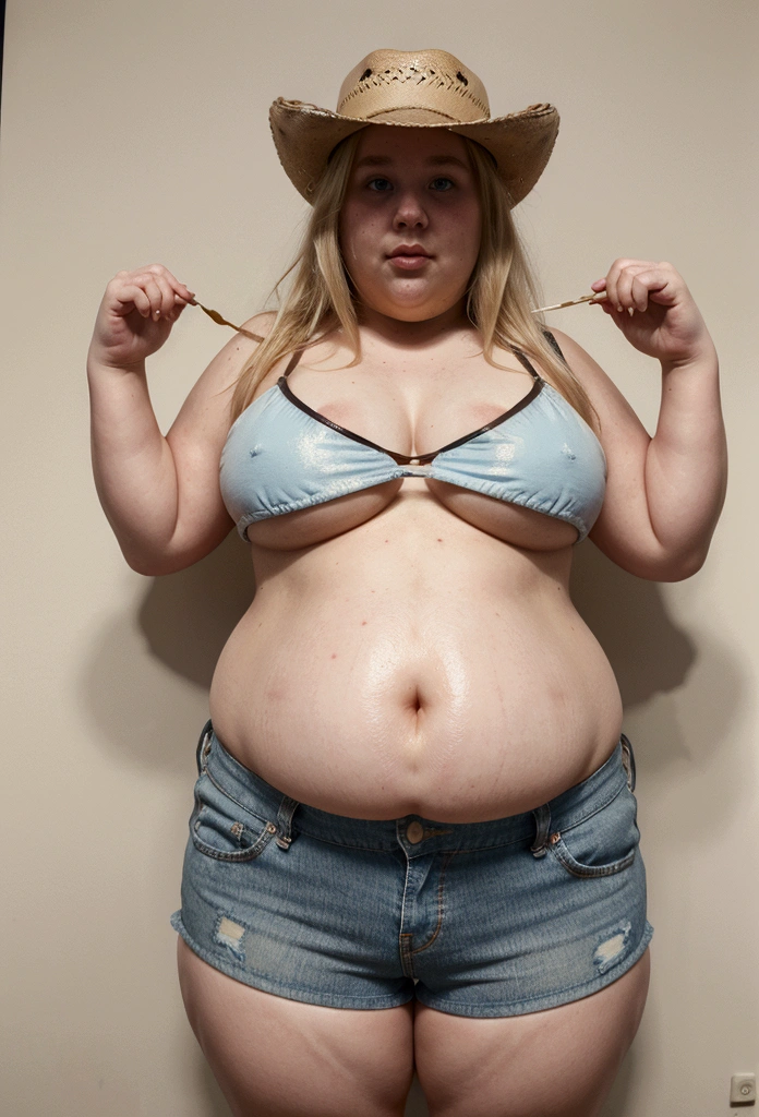 best quality, high rating, girl, young, blonde hair, blue eyes, morbidly obese, extremely obese, immobile, immobile blob, slob, fat legs, fat arms, flabby arms, fat face, fat cheeks, flabby cheeks, quadruple chin, messy eating, stained with food, surrounded with food covered in grease, covered in sauce, sweaty, bikini, bikini top, american flag bikini, shorts, jeans shorts, ripped shorts, undersized clothes, undersized shorts, undersized bikini top, cowboy hat, full body front view