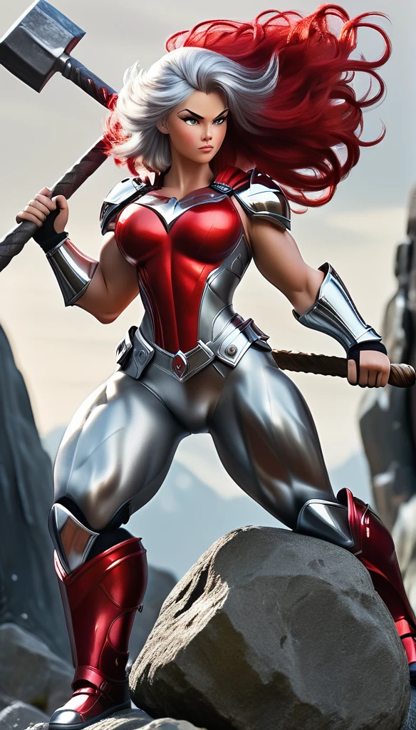 A beautiful big and muscular warrior,your hair is silver,its small shiny armor in chrome tones,metallic tones with red,she holds a big sledgehammer,she is standing on a rock.