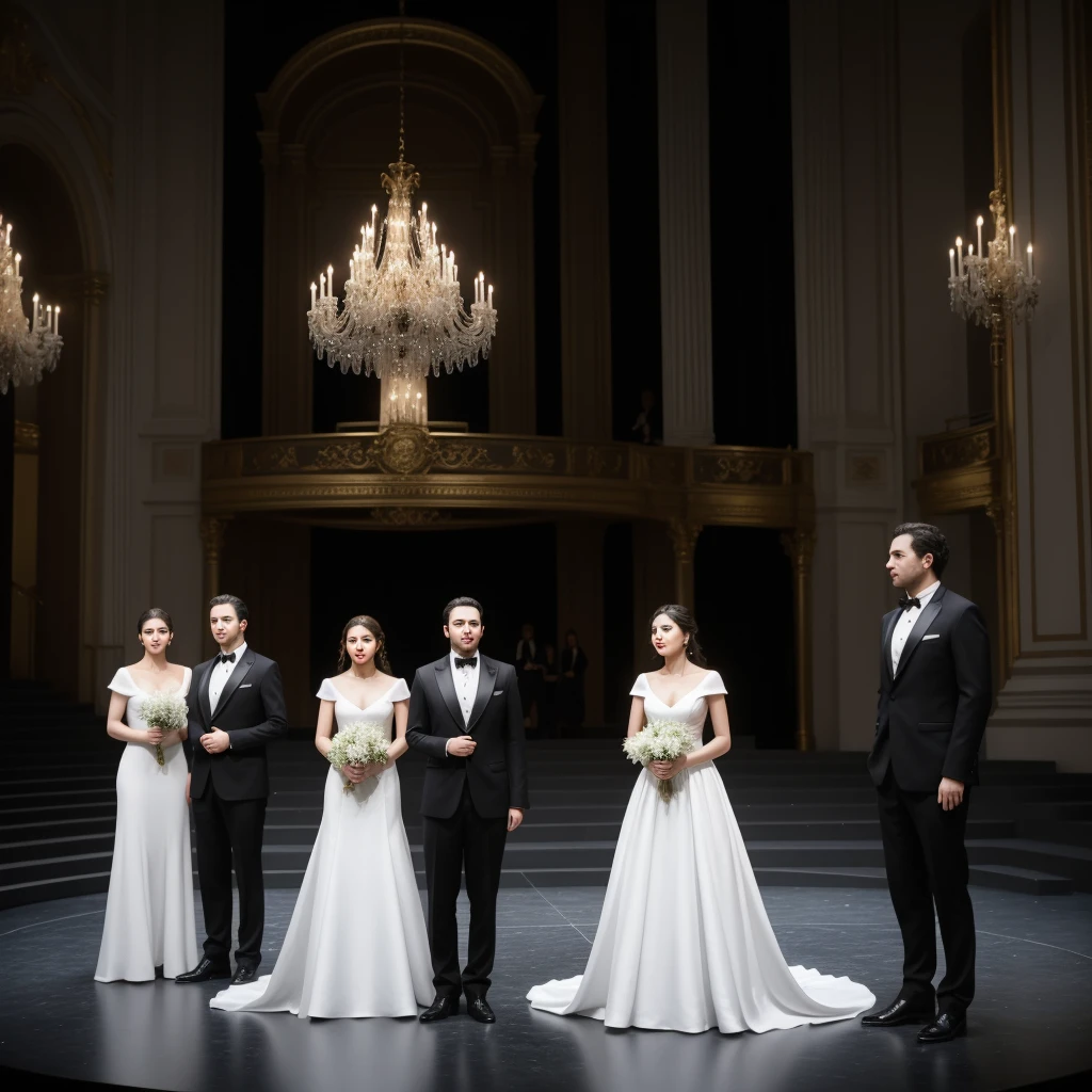 Three men and three women are standing on the opera stage, the three men are wearing black suits and the three women are wearing elegant long white dresses, realistic photo
