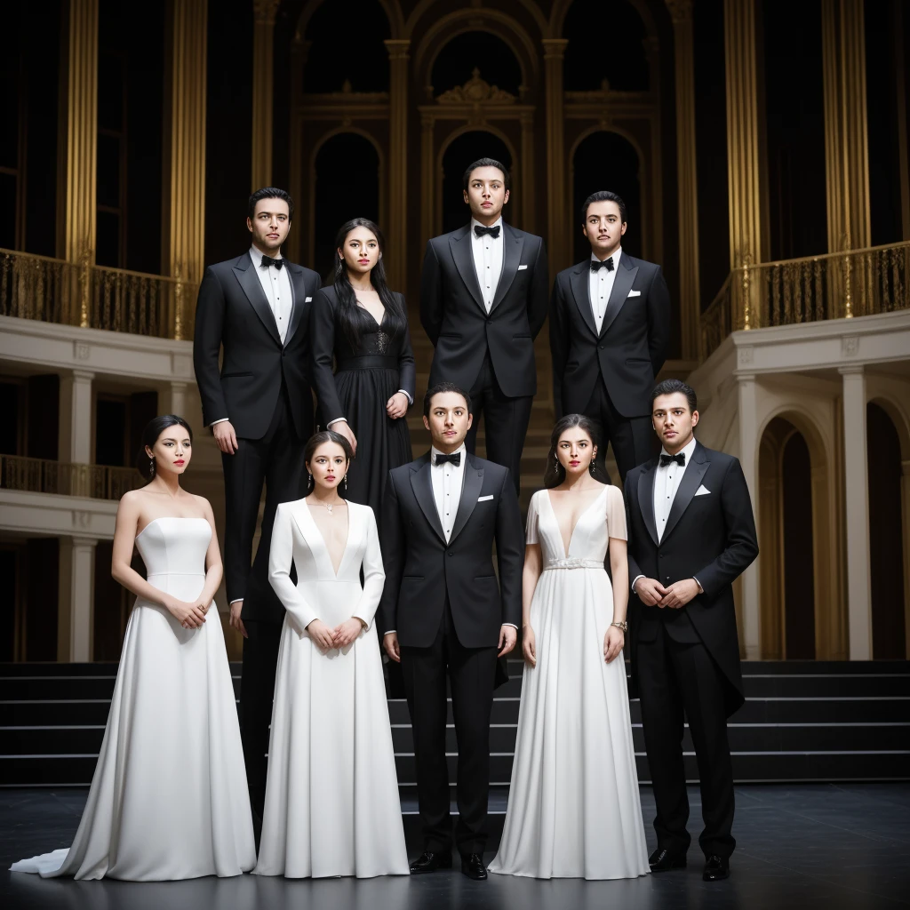 Three men and three women are standing on the opera stage, the three men are wearing black suits and the three women are wearing elegant long white dresses, realistic photo