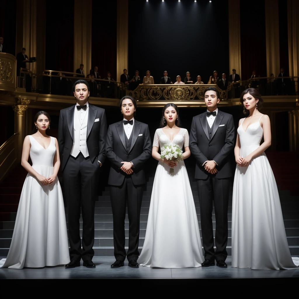 Three men and three women are standing on the opera stage, the three men are wearing black suits and the three women are wearing elegant long white dresses, realistic photo