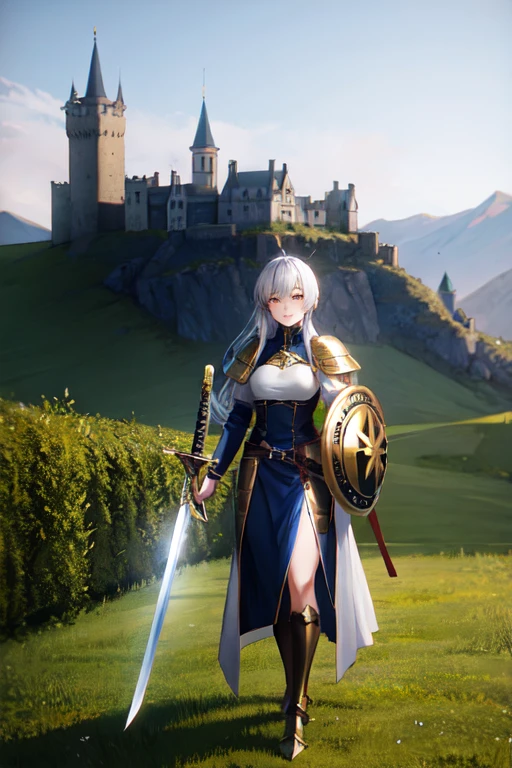 anime girl in golden armor with a sword and shield who is 20 years old in a medieval landscape with the shield raised and a castle in the distance