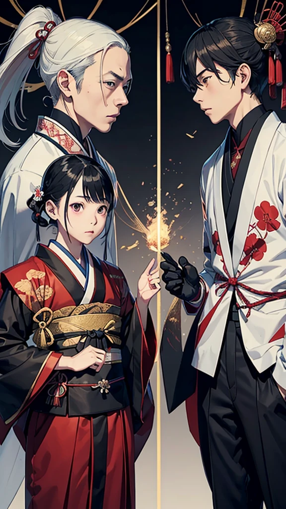 "An image depicting a clash between traditional Japanese culture and Western economic systems. Include elements like traditional Japanese attire and Western business suits, with Eiichi Shibusawa's portrait in the middle, showing cultural tension."