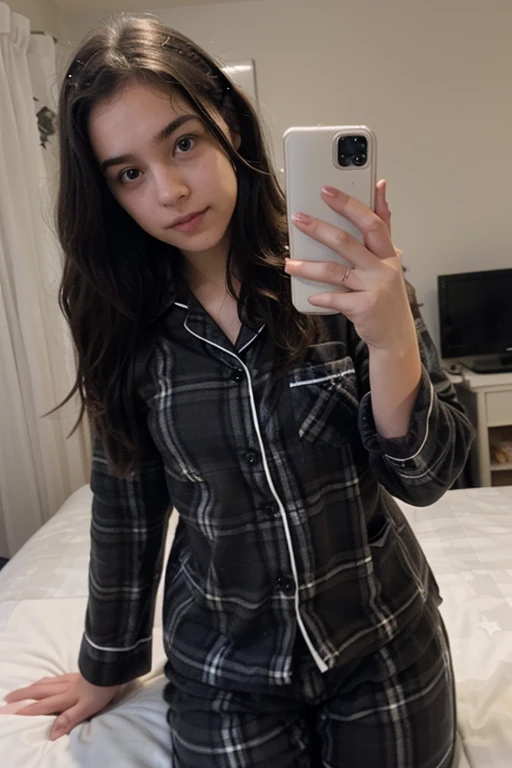 girl with straight black hair on a bed wearing plaid pajamas taking a selfie 