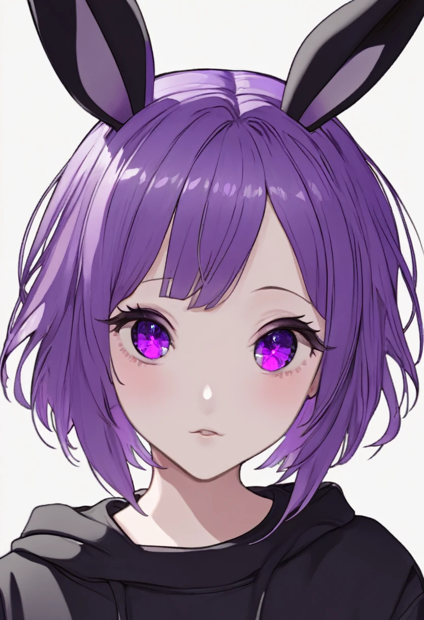 anime girl in black sweatshirt with short purple hair, with big purple bunny ears and purple eyes
