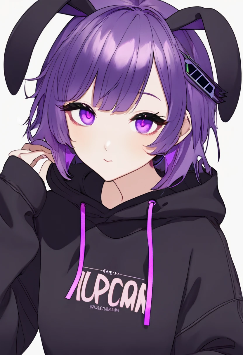 anime girl in black sweatshirt with short purple hair, with big purple bunny ears and purple eyes