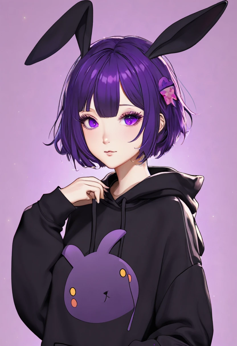 anime girl in black sweatshirt with short purple hair, with big purple bunny ears and purple eyes
