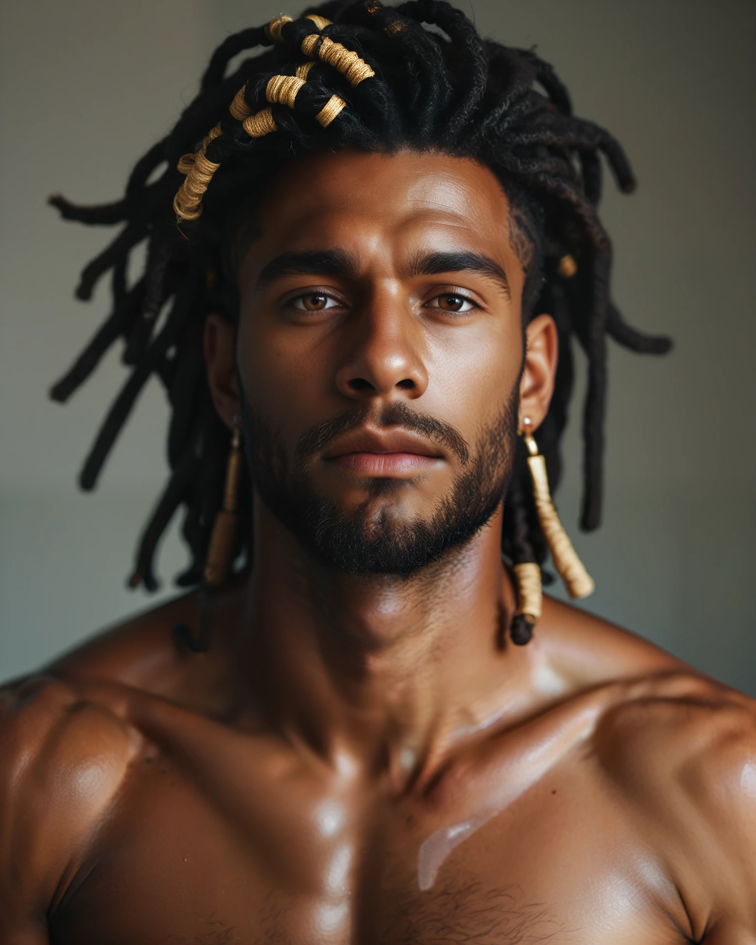 score_9, score_8_up, score_8, score_9, (zPDXL2), XXX Rating, Photo Real, realistic, a beautiful man, penetrating gaze, dreadlocks, beard, chest showing, dark-skinned male, GlamorShots_PDXL