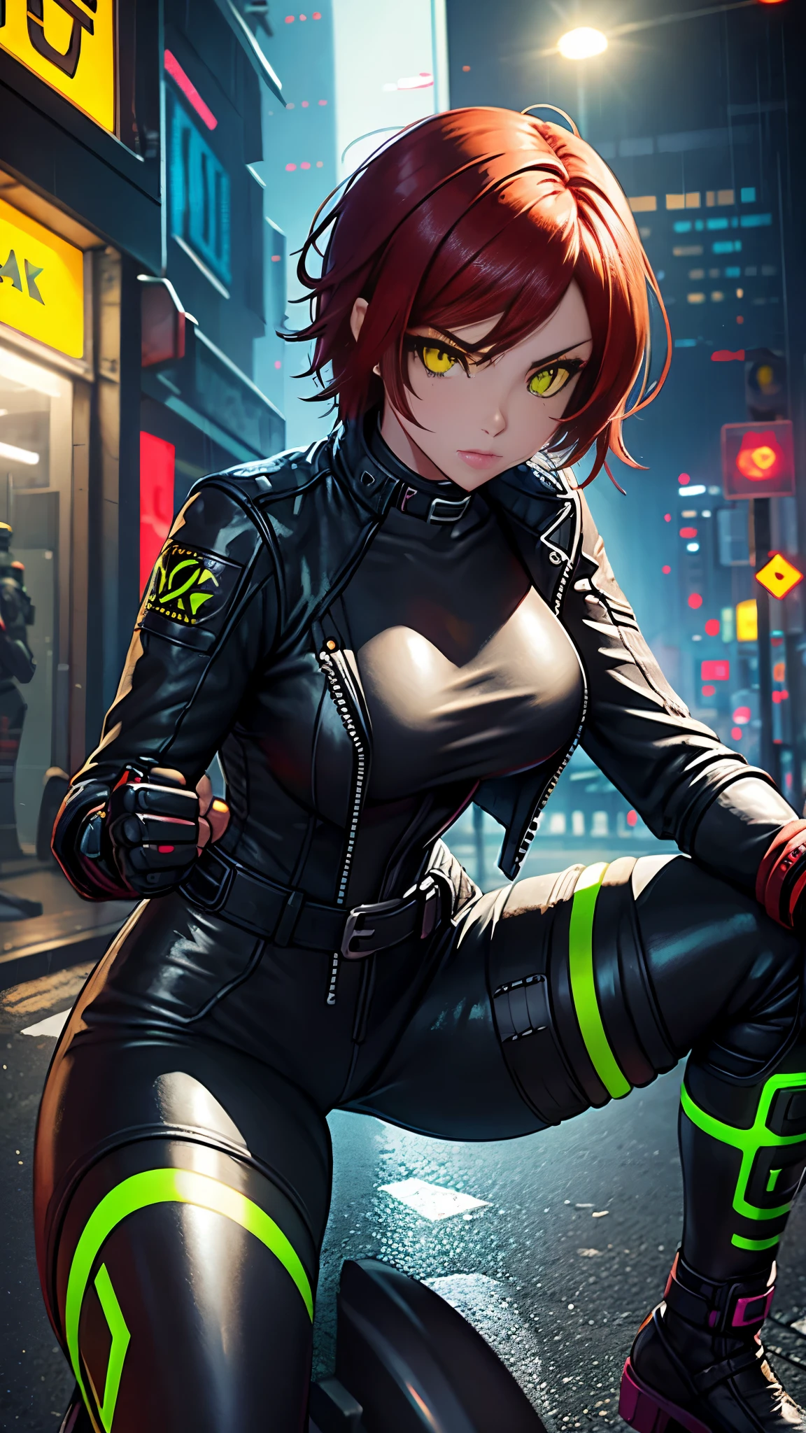 "Create a character with sparkling green eyes, short, spiky orange hair, adorned in a cyberpunk-style attire, striking a confident and bold pose."