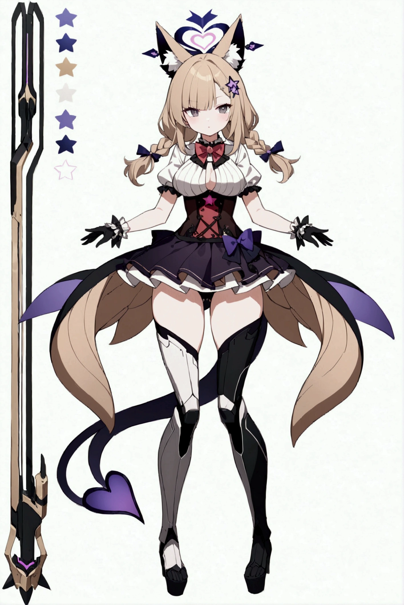 woman 170 cm tall, medium chest, wide hip, slim build, charming look, ((whole body)), (((character design sheet: front view))), (dark blonde hair), ((hip length wavy hair, asymmetrical bangs, star hairpin)), (short braid tied with an elegant purple ribbon on the left side of her hair over her chest), (She has a short braid tied with an elegant purple ribbon on the right side of her hair above her chest), small hair bows at the back of your hair.), ((Gray eyes with a pink 4-pointed star in the pupil.)), (Two black fox ears located on the top of the head.), (Luminous black horizontal halo in the shape of a four-pointed star above the head), He has a black collar with a heart emblem on his neck., (elegant one piece knee length dress, small burgundy bowtie on the neck of the dress, white bust with vertical black stripes, knee-length lace and ruffle skirt, short sleeves with ruffles, large bow at the back of the hip, ribbon decorations and star patterns on the dress), black ruffled gloves, Black platform heels, gray belt at the waist with a large ribbon with a luminous pink heart in the middle, ((It has a small succubus tail that ends in the shape of a heart.)), (((It has complex futuristic mechanical legs that reach up to the thighs., black color with small red and purple details.))), extremely detailed beautiful hair, beautiful detailed dress, extremely detailed arms, extremely detailed face, (Extremely detailed hands), perfect hands, small face, Beautiful detailed eyes, beautiful detailed lips, adorable, extremely detailed legs, (Best Quality, 8k, high resolution), ultra detailed, Exquisite and epic character art, ((White background)), (Focus on symmetry).