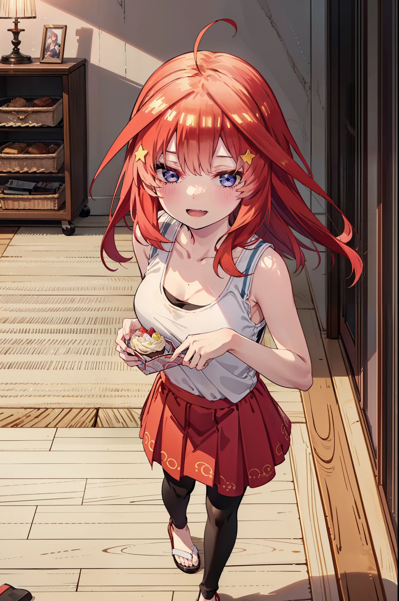 itsukinakano, Itsuki Nakano, bangs, blue eyes, Hair between the eyes, Ahoge, Redhead, star \(symbol\), hair ornaments,happy smile, smile, Open your mouth,cracker, star hair ornaments,Red Tank Top,Long skirt,Black pantyhose,Indoor slippers,Walking,There is food and a birthday cake on the table,whole bodyがイラストに入るように,
break indoors, room,
break looking at viewer,whole body,
break (masterpiece:1.2), Highest quality, High resolution, unity 8k wallpaper, (figure:0.8), (Beautiful attention to detail:1.6), Highly detailed face, Perfect lighting, Highly detailed CG, (Perfect hands, Perfect Anatomy),