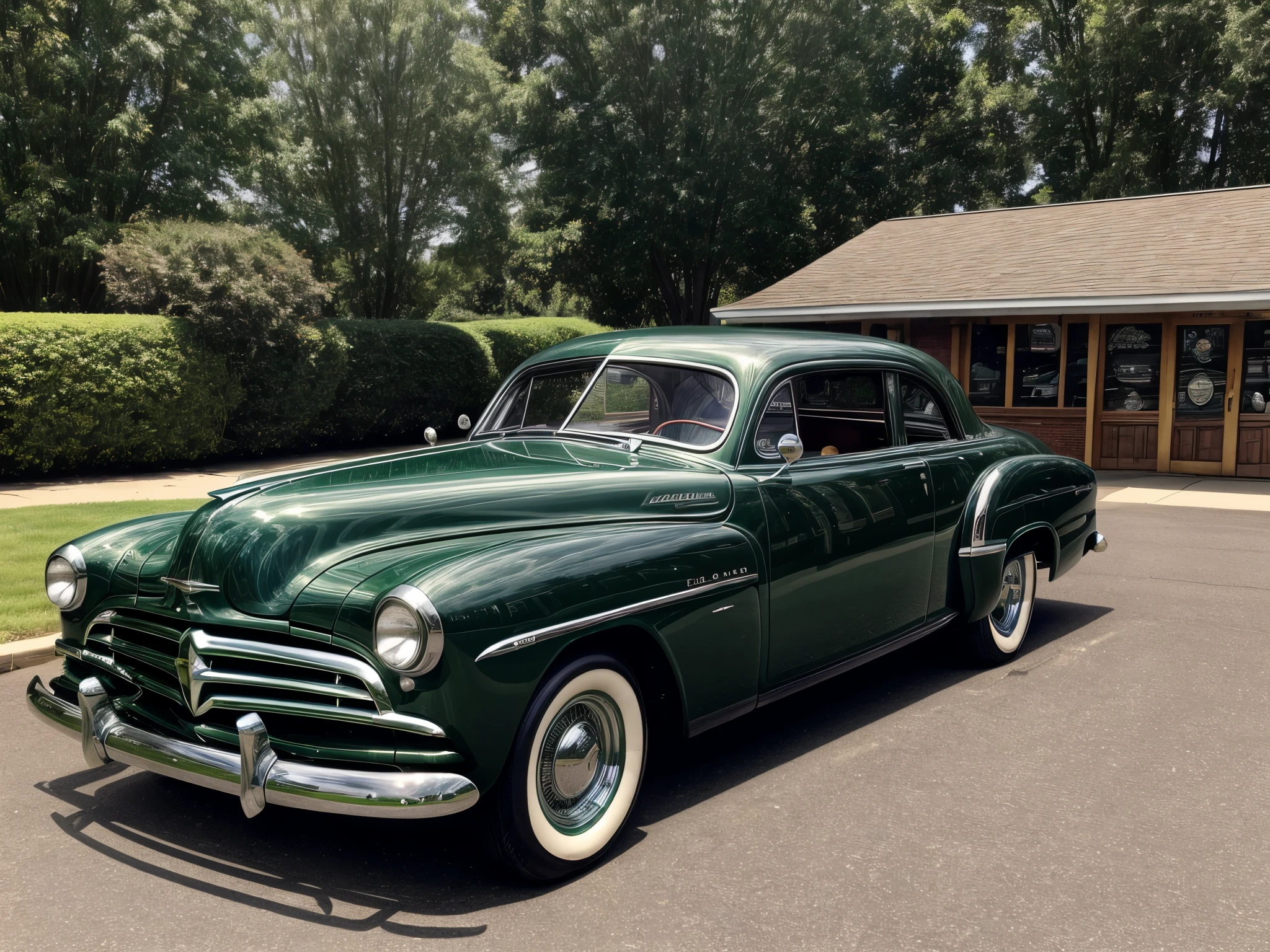 Picture a British racing green colored 1952 Dodge Kingsway Custom parked outside of a Restaurant, its chrome grille catching the sunlight, embodying an era of post-war optimism and automotive innovation, distant shot 