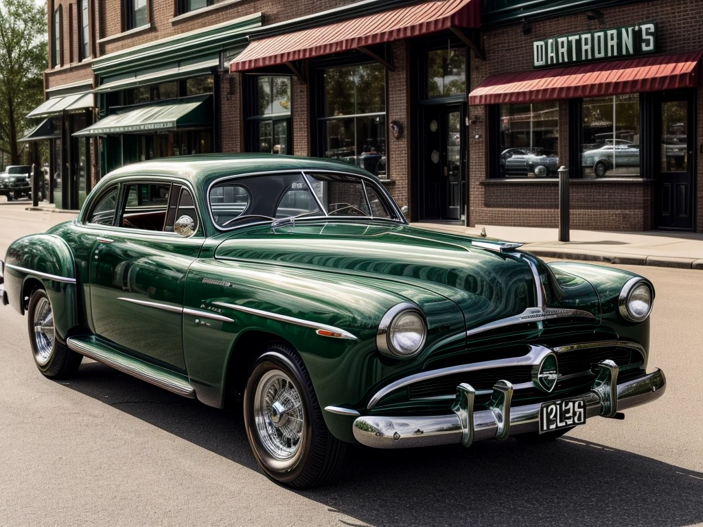 Picture a British racing green colored 1952 Dodge Kingsway Custom parked outside of a Restaurant, its chrome grille catching the sunlight, embodying an era of post-war optimism and automotive innovation, distant shot