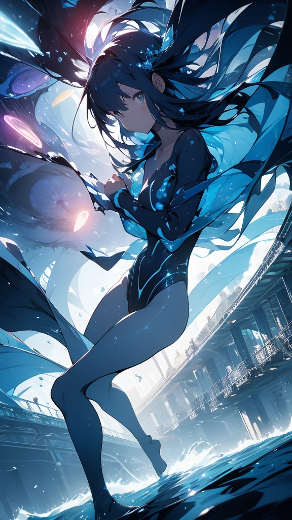 ((Blue and navy blue tones:1.3)) One girl, alone,jellyfish filling up the ocean, millions of jellyfish, Swimming girl ((naked)) in the deep ocean surrounded by jellyfish, ((jellyfish)), Deep Black Sea,Underwater,(Realistic:1.4), Official Art, unity 8k wallpaper, Super detailed, beautifully、aesthetic, masterpiece,Highest quality, (Dynamic Angle:1.4), Glowing Skin, (Floating colorful sparkles:1) The most beautiful form of chaos, elegant, Brutalist design, Vibrant colors, Romanticism, Ultra Wide Angle,