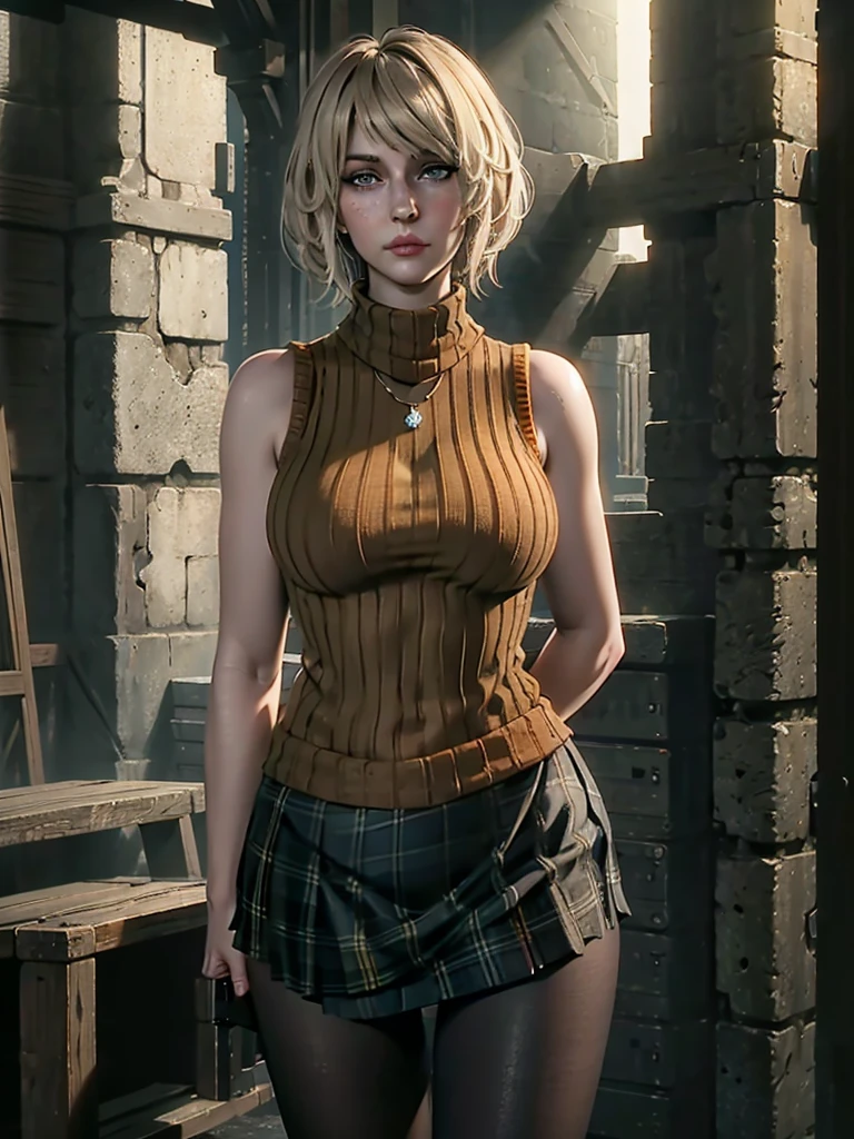 Ashley_BareShoulders_ownwaifu, 1girl, short hair, blonde hair, lips, bob cut, large breasts, blue eyes, freckles, bangs, nose, sleeveless, sleeveless turtleneck, skirt, jewelry, plaid skirt, bare shoulders, necklace, orange sweater, miniskirt, ribbed sweater, green skirt, sleeveless sweater, navel, scarf, pleated skirt, black pantyhose, turtleneck sweater, collarbone, medium hair, (masterpiece), (best quality), (highres), (extremely detailed CG unity 8k wallpaper), outdoors, day, cowboy shot, looking at viewer, solo, focused,
