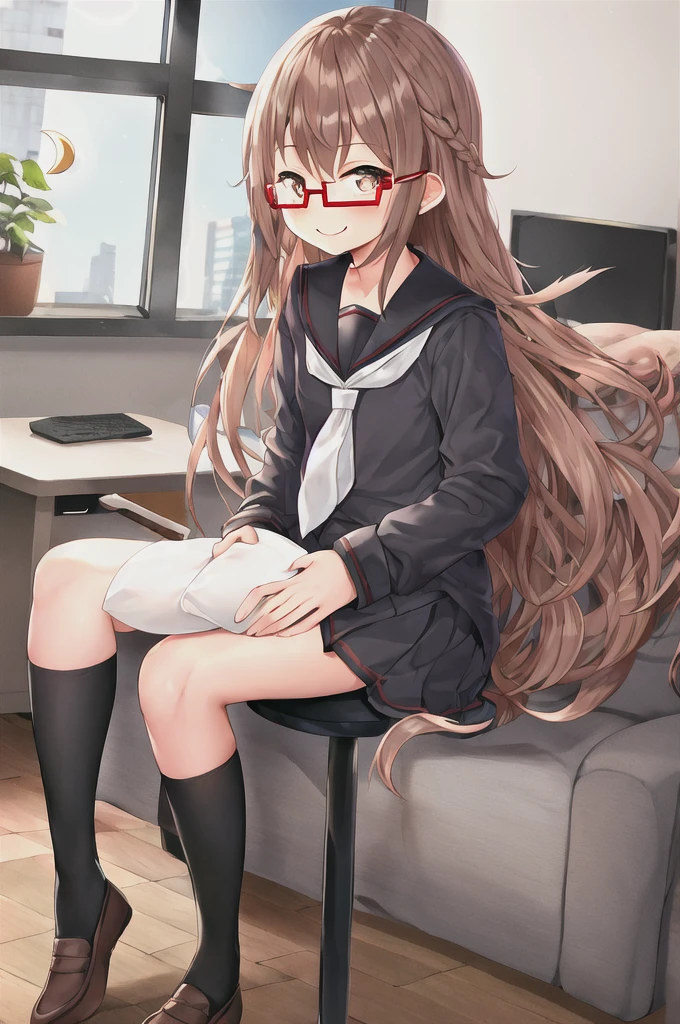 Highest quality, masterpiece, High resolution, alone, {full moon_Fleet Collection:1.15}, Long Hair, Brown Hair, Glasses, brown_eye, red-framed_Glasses, semi-rimless_Glasses, Crescent Moon, black_Seraphim, blush, Under Rim_Glasses, One girl, Closed_eye, Open_mouth, School_uniform, (indoor, office, living room), , blackスカート, smile, (Petite),((nsfw)), Flat Chest