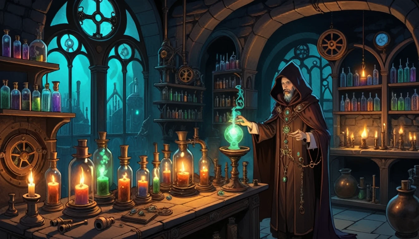 Graphic novel illustrations Art Nouveau style, A gothic steampunk laboratory filled with vials of glowing liquid、A necromancer wizard conducting forbidden magical experiments, Intricate gears and pipes along a stone wall lit by candlelight, Flowing hooded cloak, Mysterious crafts on a shelf.