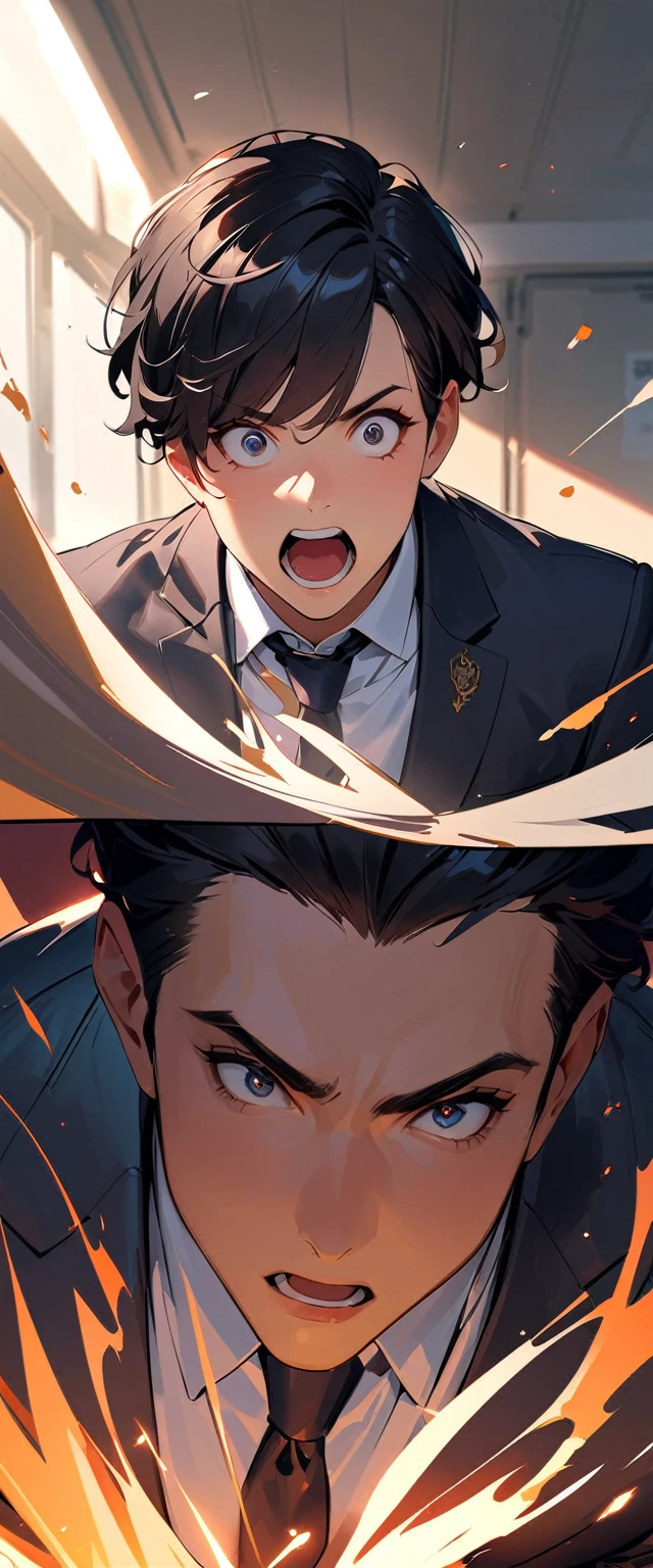 Hum hum,Surprised,Open your mouth wide,Black Hair,Short Hair,suit,Attention to detail, Strong chiaroscuro, Ultra-high resolution, Accurate, Textured skin