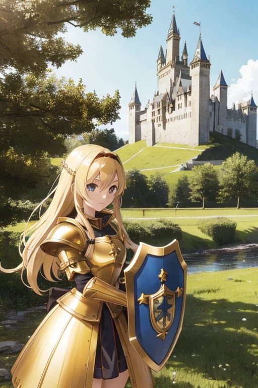 anime girl in golden armor with a sword and shield who is 20 years old in a medieval landscape with the shield raised and a castle in the distance