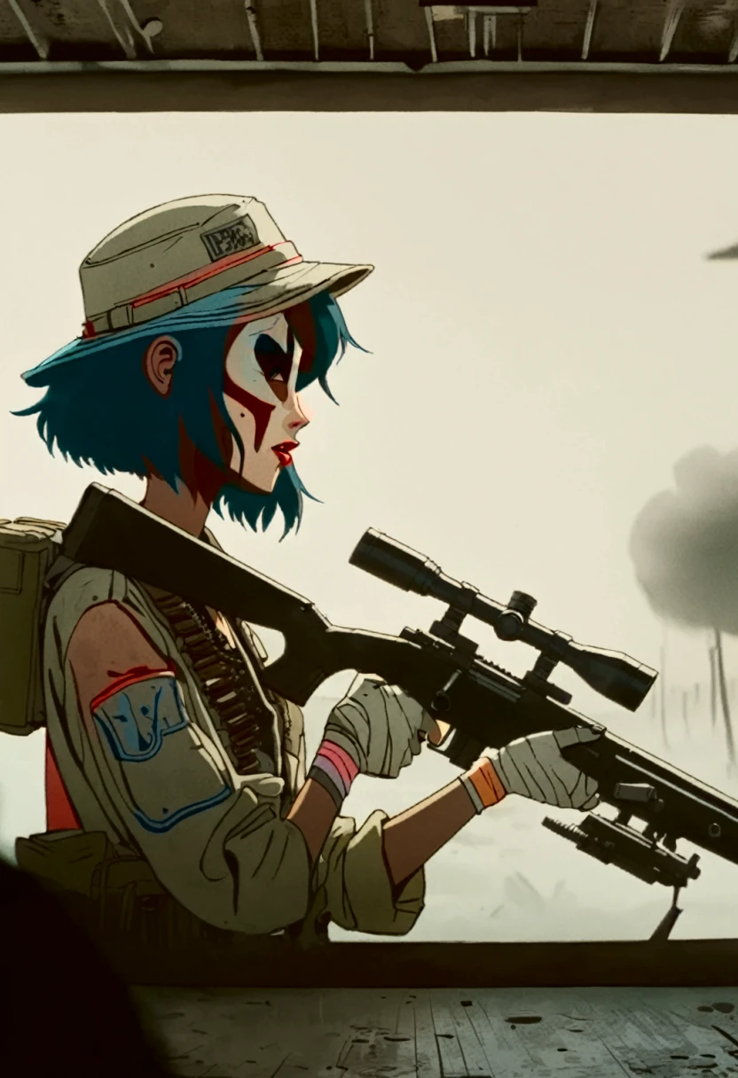 heat, haze, mirage, refraction, hallucination, apparition, unsettling, overwhelming, tank girl, film screengrab, minimal, serene, perfect, strange, candid, cinematic, tank girl with sniper rifle, realism, photographed, timeless, blank canvas, nuanced, clearly cartoon distinct tank girl style aesthetics,
