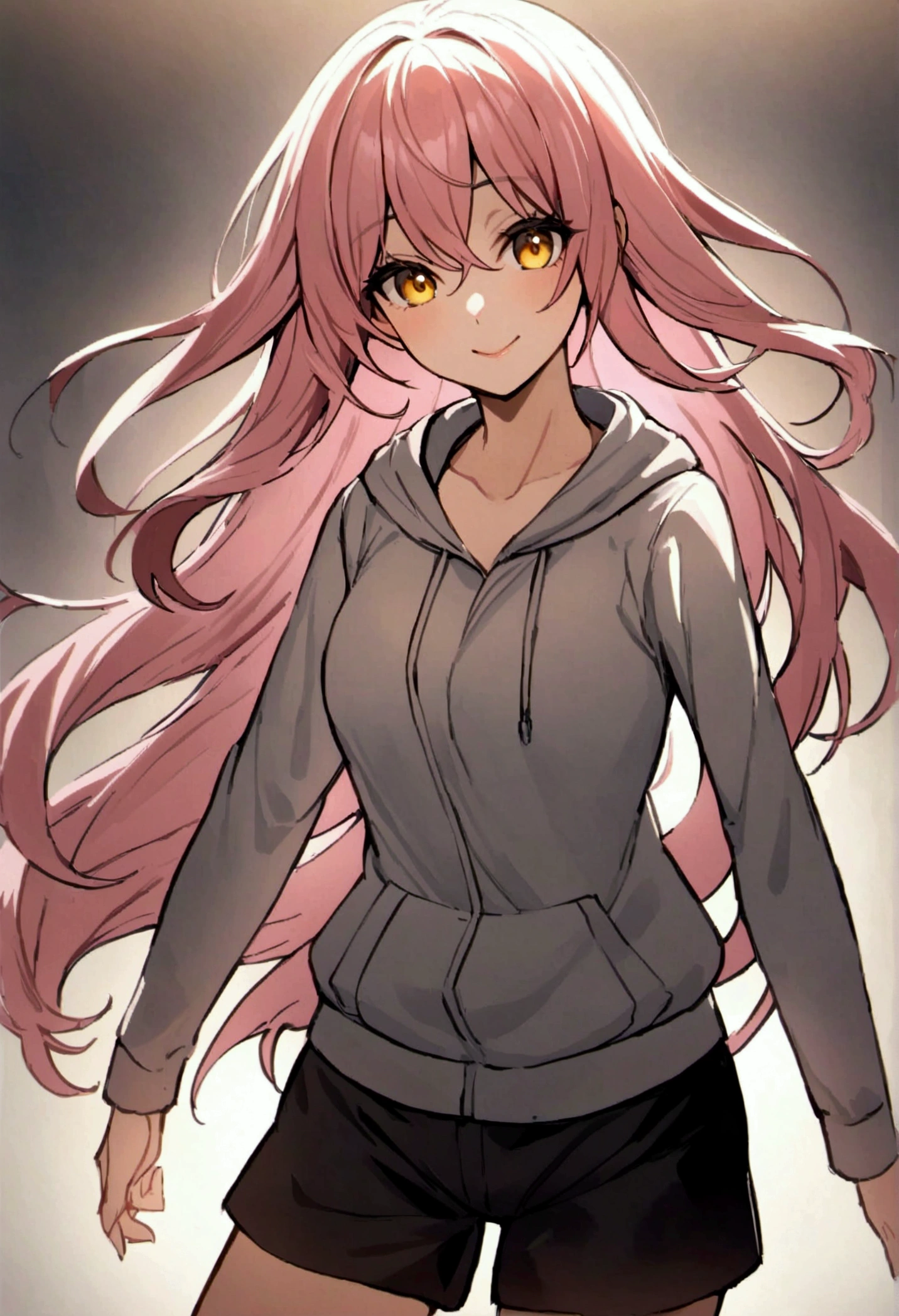 make me a female, messy pink long hair, yellow eyes, she’s smiling, shorts and a hoodie, make it in jujutsu maiden style