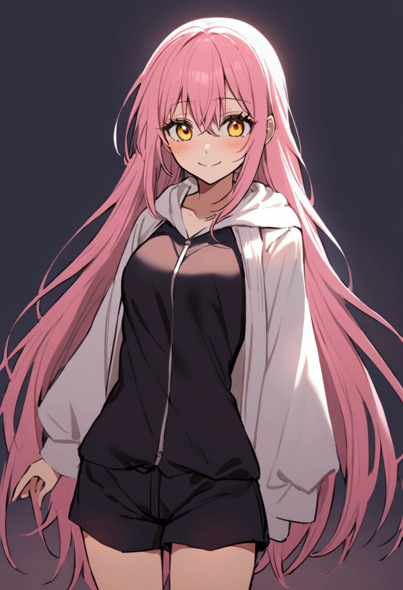 make me a female, messy pink long hair, yellow eyes, she’s smiling, shorts and a hoodie, make it in jujutsu maiden style