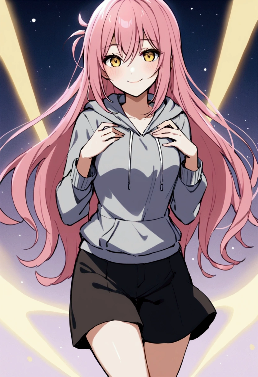 make me a female, messy pink long hair, yellow eyes, she’s smiling, shorts and a hoodie, make it in jujutsu maiden style