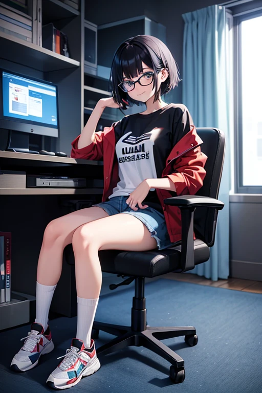 Anime Art、Full body portrait、Future SF Programmer、In a computer room with the lights off、A woman around 19 years old, about 160cm tall, wearing a T-shirt, jacket and shorts, sitting in a chair facing a desktop computer、Glasses、smug face、Hairstyle: Short hair、Black Hair、Dark Eyes、Eyes、Wearing a headset、Trainers and long socks