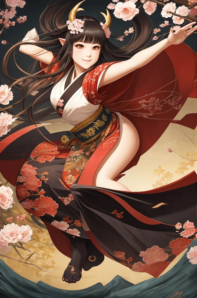 masterpiece, best quality, ultra detailed, 4K, no bad anatomy and fingers, a beautiful demon girl wearing a kimono with camellia patterns, jumping with both feet in the air, horns on her head, short straight bangs, mischievous smile, golden beautiful eyes, background of a traditional Japanese garden, Hard-edge Painting style, action painting style, face well-defined, thick lines, dynamic composition, inverted triangle composition