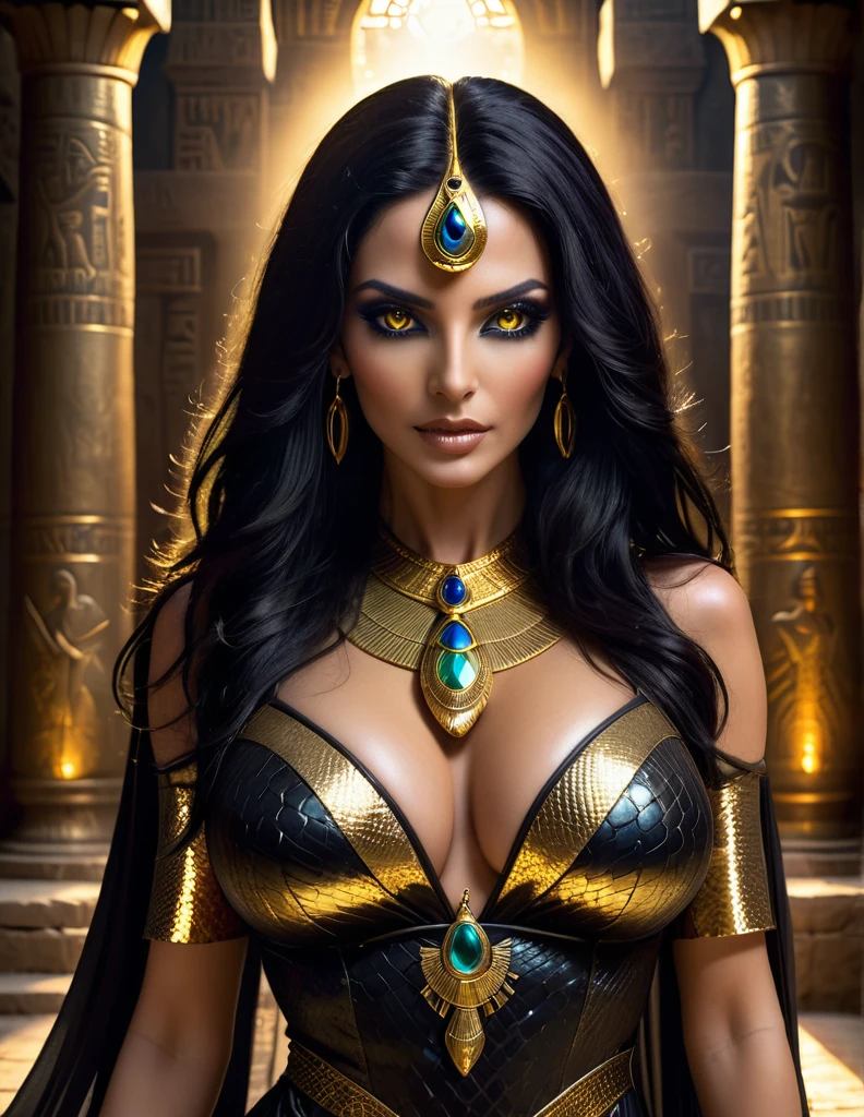 Egyptian sorceress, beautiful mature Egyptian goddess, snake skin, long flowing black hair, glowing golden eyes, reptilian pupils, swollen lactating breasts, form-fitting translucent black and gold dress, ancient Egyptian jewelry, standing in mysterious ancient temple, dramatic gothic dominatrix vibes, intense cinematic lighting, supernatural, breathtaking beauty and depth, (best quality,4k,8k,highres,masterpiece:1.2),ultra-detailed,(realistic,photorealistic,photo-realistic:1.37),HDR,UHD,studio lighting,ultra-fine painting,sharp focus,physically-based rendering,extreme detail description,professional,vivid colors,bokeh,fantasy,dark fantasy,occult,powerful,mystical,elegant,ethereal,chiaroscuro