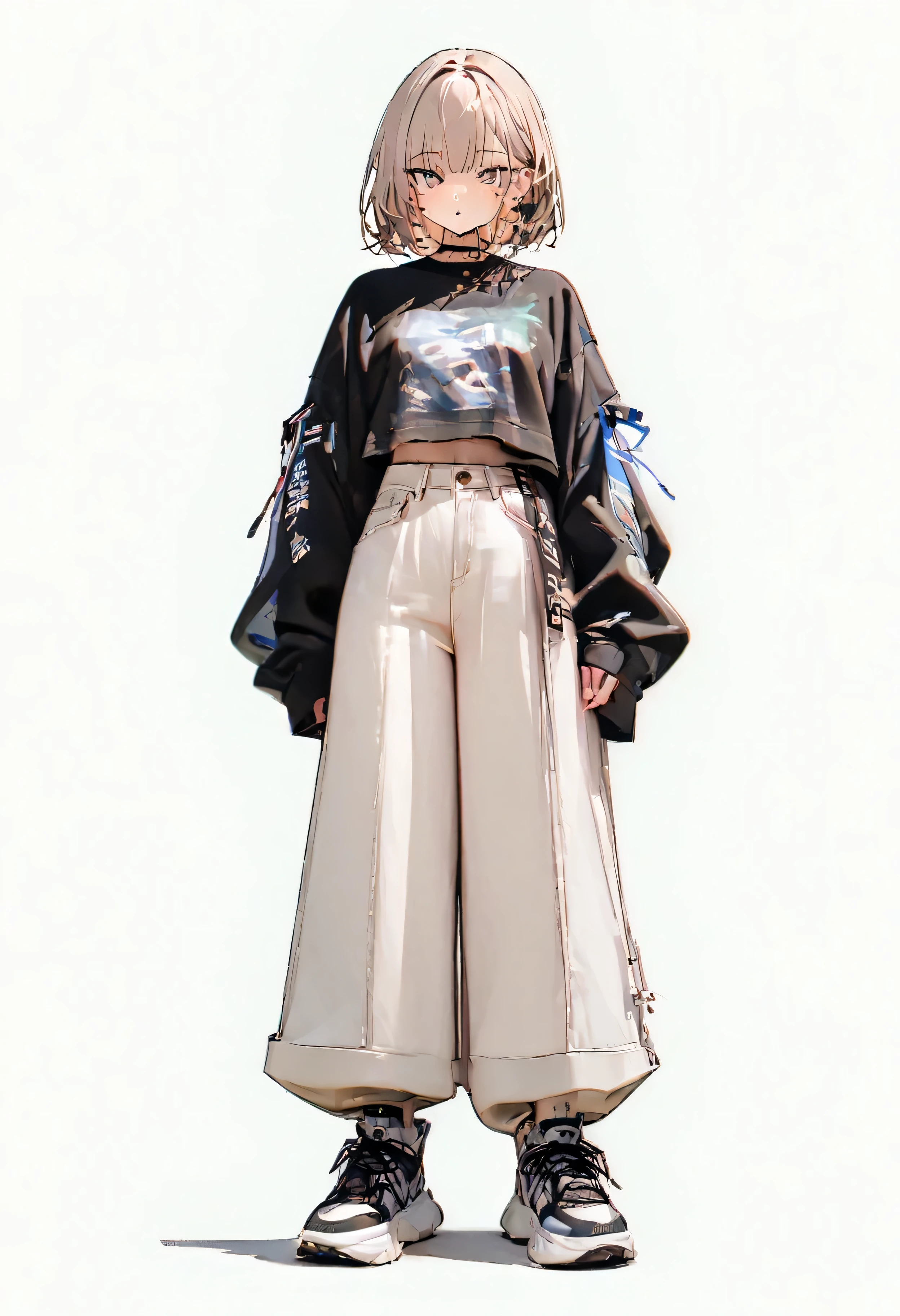 (Masterpiece, Best Quality: 1.2, 8K), Centered, Full Length, One Girl, Cool Fashion, Wide Pants, Simple Sneakers, Simple Background, Open Eyes, Delicate Eyes, Beautiful Eyes,