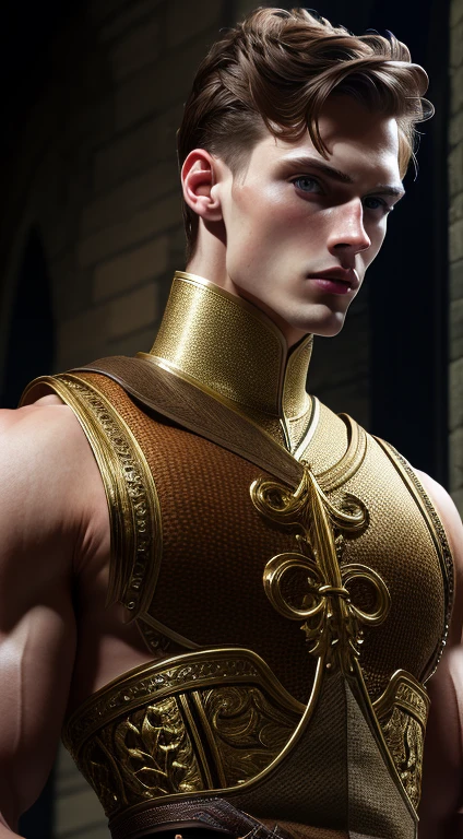 (extremely detailed 8k wallpaper), a medium shot shot of a young male model, blue eyes, brown hair, strong jawline, fearful, intricate, high detail, dramatic, fit body, which tall, full body, prince aesthetic