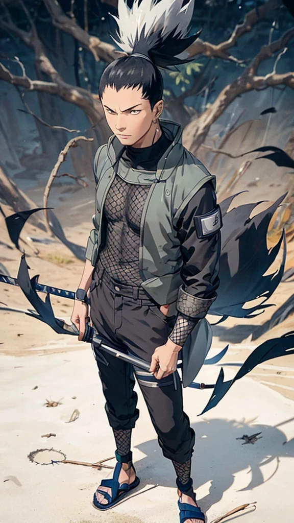 In the manga series "NARUTO" a man named "Sikamaru" with his trademark hairstyle tied back, is STANDING TIGHT on top of a tower and WHILE holding a long katana. The character wears a gray jacket with rolled up sleeves, a mesh undershirt, and dark pants. There are blue details on the jacket, including a circular Konaha symbol on the left sleeve. The shoes worn are similar to open-toed sandals. with 4k HDR quality, with a black shadow effect in the background that forms a large hand,
